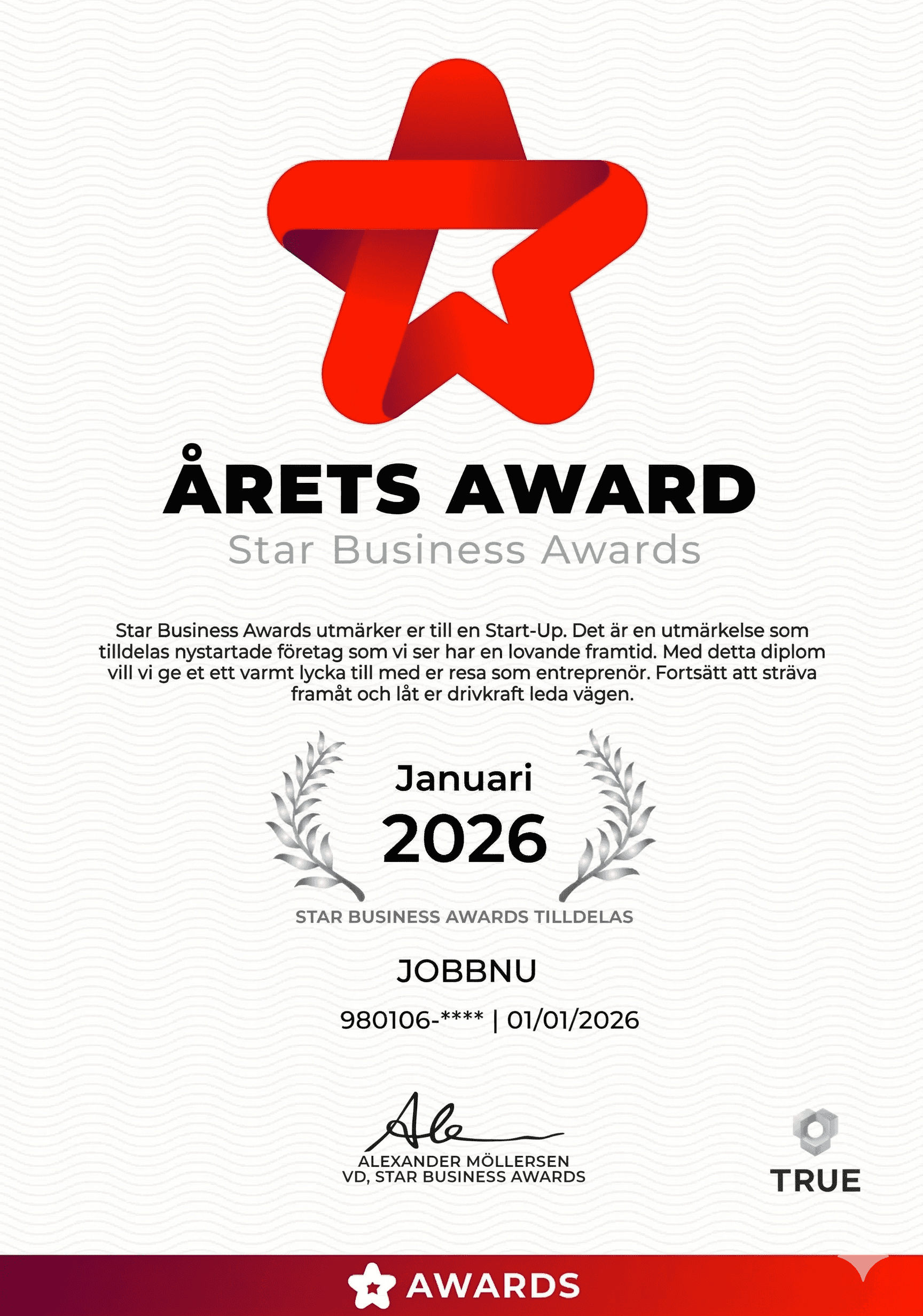Årets Award 2026 – Star Business Awards diplom till Jobbnu
